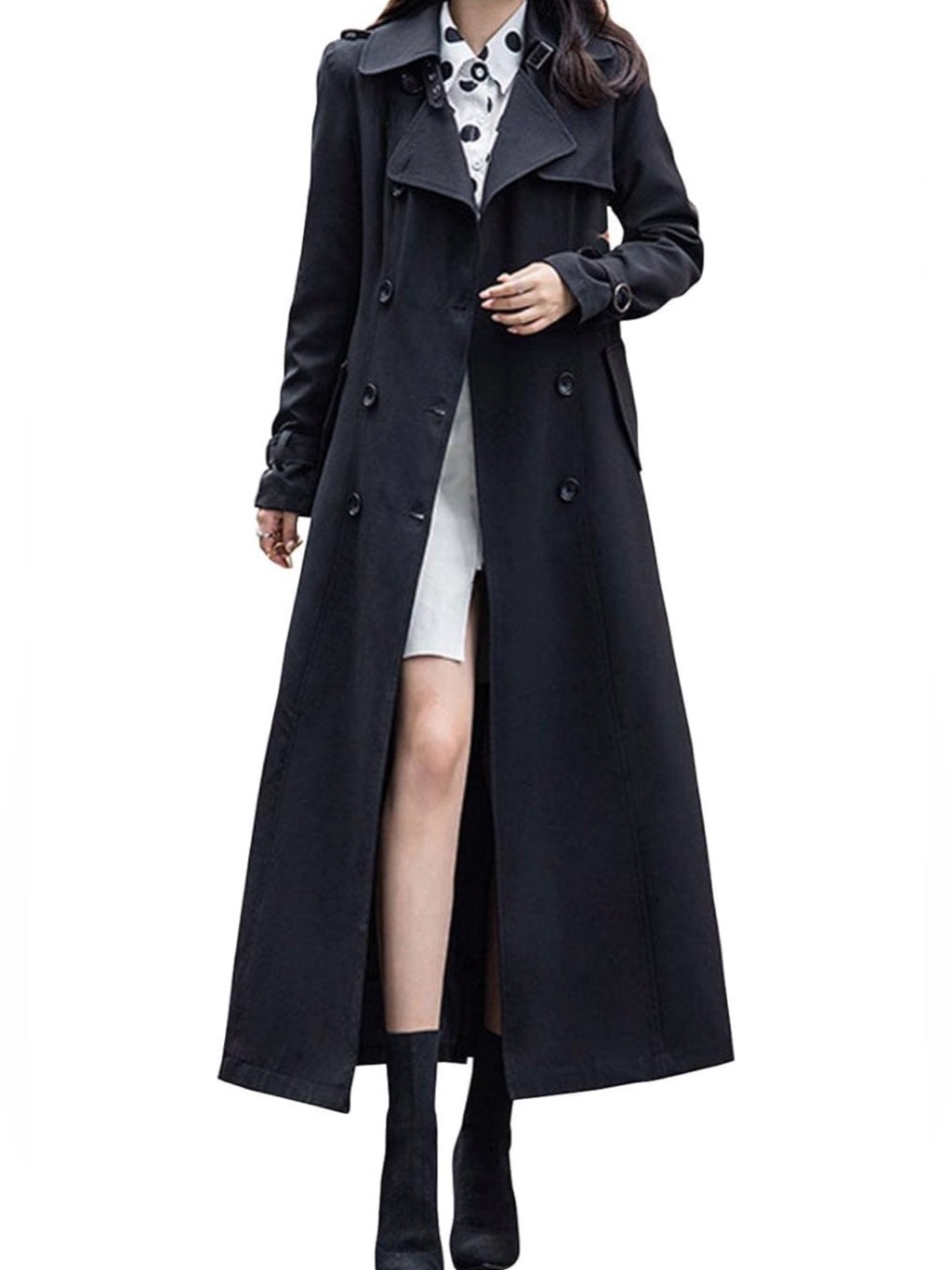 Long Black Double-Breasted Trench Coat